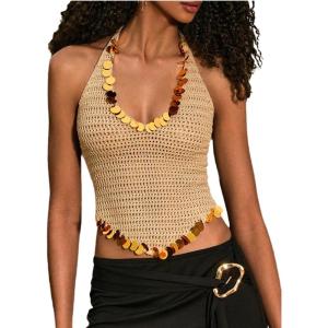 image:imageMakeMeChic Womens Sequin Sparkly Halter Tops Tie Backless Sleeveless Knit TankApricot