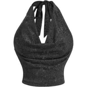 image:imageMakeMeChic Womens Sparkly Halter Top Draped Front Tie Back Sleeveless Club Tank Crop TopsBlack