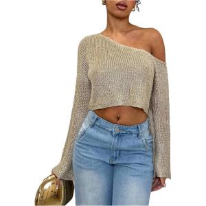 image:imageMakeMeChic Womens Sparkly Tops Off The Shoulder Sweaters Long Sleeve Cropped Sweater Party Crop TopsApricot