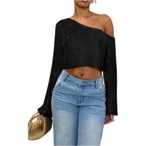 image:imageMakeMeChic Womens Sparkly Tops Off The Shoulder Sweaters Long Sleeve Cropped Sweater Party Crop TopsBlack