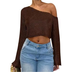 image:imageMakeMeChic Womens Sparkly Tops Off The Shoulder Sweaters Long Sleeve Cropped Sweater Party Crop TopsCoffee Brown