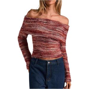 image:imageMakeMeChic Womens Striped Fuzzy Sweater Cropped Off The Shoulder Long Sleeve Y2k Pullover TopsRed