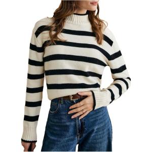 image:imageMakeMeChic Womens Striped Sweaters Mock Neck Long Sleeve Knitted Pullover Fall Winter SweaterBlack and White