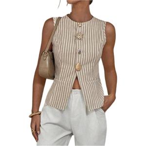image:imageMakeMeChic Womens Striped Vest Top Metal Button Front Sleeveless Business Casual TankBrown