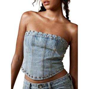 image:imageMakeMeChic Womens Studded Denim Tube Top Lace Up Strapless Summer Y2K Bandeau ShirtBlue