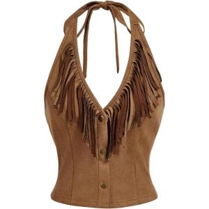 image:imageMakeMeChic Womens Suede Fringe Halter Crop Tops Tie Backless Button Down Western Cowgirl TopKhaki