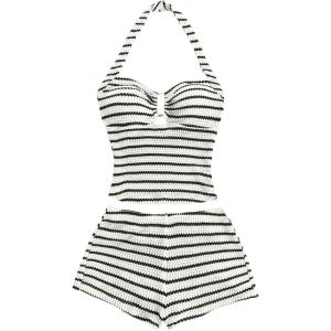 image:imageMakeMeChic Womens Summer 2 Piece Sets Striped Knit Halter Tank Tops Mini Shorts Set Beach Vacation OutfitsBlack White