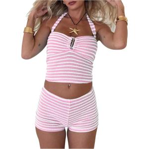 image:imageMakeMeChic Womens Summer 2 Piece Sets Striped Knit Halter Tank Tops Mini Shorts Set Beach Vacation OutfitsPink White