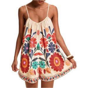 image:imageMakeMeChic Womens Summer Boho Rompers Floral Tropical Backless Wide Leg JumpsuitsMulticolor