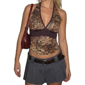 image:imageMakeMeChic Womens Summer Cheetah Print Backless Halter Tops Cowboy Chic Sleeveless Tie Crop TopsBrown