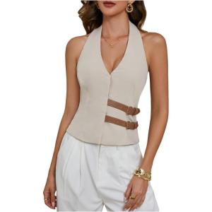 image:imageMakeMeChic Womens Summer HalterTops Wrap Sleeveless Backless Buckle Vest Tank Tops Cowboy ChicApricot