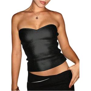 image:imageMakeMeChic Womens Summer Metallic Tube Top Strapless Bandeau Shirt Party Crop TopsBlack