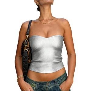 image:imageMakeMeChic Womens Summer Metallic Tube Top Strapless Bandeau Shirt Party Crop TopsSilver