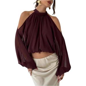 image:imageMakeMeChic Womens Summer Outfits Cold Shoulder Halter Blouse Long Sleeve Tie Back Sheer Crop TopsCoffee Brown