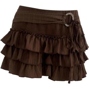 image:imageMakeMeChic Womens Summer Ruffle Tiered Ring Linked Shorts Tie Front Wide Leg Boho ShortsBrown