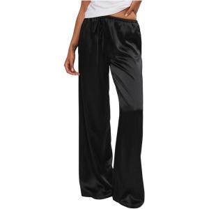 image:imageMakeMeChic Womens Summer Satin Silk Pants Casual Flowy Pants Beach Vacation Wide Leg PantsBlack