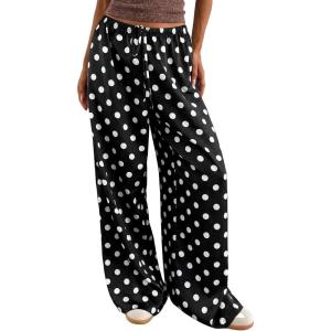 image:imageMakeMeChic Womens Summer Satin Silk Pants Casual Flowy Pants Beach Vacation Wide Leg PantsBlack Polka Dots