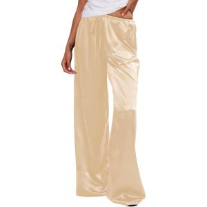 image:imageMakeMeChic Womens Summer Satin Silk Pants Casual Flowy Pants Beach Vacation Wide Leg PantsChampagne