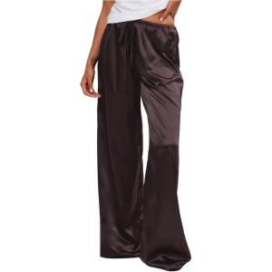 image:imageMakeMeChic Womens Summer Satin Silk Pants Casual Flowy Pants Beach Vacation Wide Leg PantsChocolate Brown
