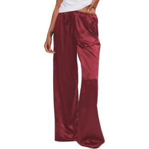 image:imageMakeMeChic Womens Summer Satin Silk Pants Casual Flowy Pants Beach Vacation Wide Leg PantsRed