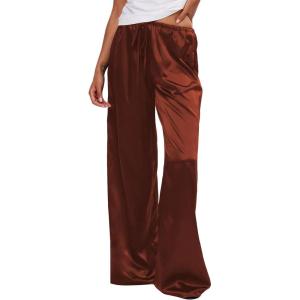 image:imageMakeMeChic Womens Summer Satin Silk Pants Casual Flowy Pants Beach Vacation Wide Leg PantsRust Brown