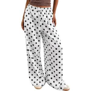 image:imageMakeMeChic Womens Summer Satin Silk Pants Casual Flowy Pants Beach Vacation Wide Leg PantsWhite Polka Dots B
