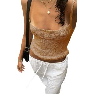 image:imageMakeMeChic Womens Summer Sparkly Tops Going Out Spaghetti Strap Crop Tank TopKhaki