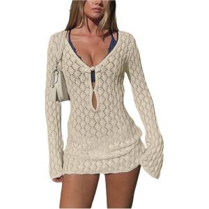 image:imageMakeMeChic Womens Swimsuit Coverup Crochet Mini Dress Bathing Suit Beach Cover UpApricot