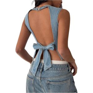 image:imageMakeMeChic Womens Tie Open Back Denim Tops Crew Neck Sleeveless Y2k Jean Tank Crop TopBlue