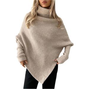 image:imageMakeMeChic Womens Turtleneck Cape Poncho Sweater Oversized Rib Knitted High Neck Long Sleeve Asymmetrical TopsBeige