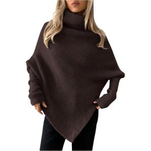 image:imageMakeMeChic Womens Turtleneck Cape Poncho Sweater Oversized Rib Knitted High Neck Long Sleeve Asymmetrical TopsBrown