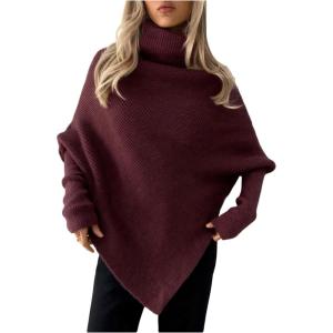 image:imageMakeMeChic Womens Turtleneck Cape Poncho Sweater Oversized Rib Knitted High Neck Long Sleeve Asymmetrical TopsBurgundy