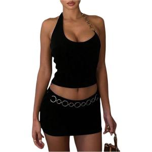 image:imageMakeMeChic Womens Two Piece Club Outfit Chain Halter Crop Tops and Bodycon Mini Skirt SetBlack