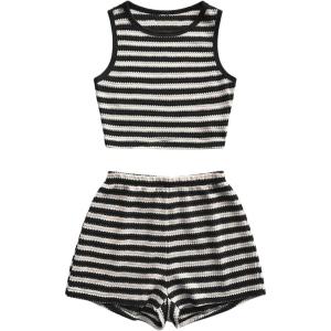 image:imageMakeMeChic Womens Two Piece Striped Outfits Crew Neck Crop Tank Tops and Shorts SetBlack