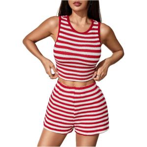 image:imageMakeMeChic Womens Two Piece Striped Outfits Crew Neck Crop Tank Tops and Shorts SetRed and White