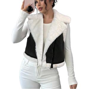 image:imageMakeMeChic Womens Western Cowgirl Jackets Lapel Loose Fleece Jacket Vest Sleeveless Cardigan CoatBlack and White