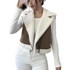 image:imageMakeMeChic Womens Western Cowgirl Jackets Lapel Loose Fleece Jacket Vest Sleeveless Cardigan CoatBrown