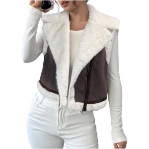 image:imageMakeMeChic Womens Western Cowgirl Jackets Lapel Loose Fleece Jacket Vest Sleeveless Cardigan CoatCoffee Brown