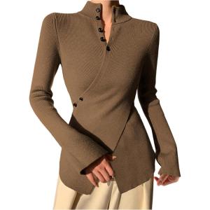 image:imageMakeMeChic Womens Wrap Cross Mock Neck Sweater Long Sleeve Button Front Knitted Pullover TopsCoffee Brown