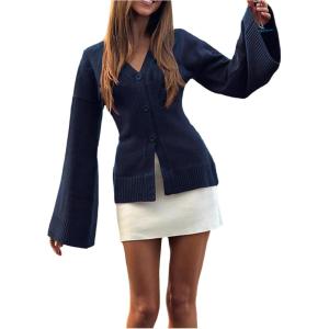 image:imageMakeMeChic Womens Y2K Long Bell Sleeve Cardigans Sweater V Neck Button Down Open Front Knit Fall ClothesBlue