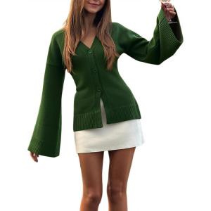 image:imageMakeMeChic Womens Y2K Long Bell Sleeve Cardigans Sweater V Neck Button Down Open Front Knit Fall ClothesDark Green