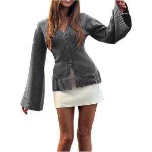 image:imageMakeMeChic Womens Y2K Long Bell Sleeve Cardigans Sweater V Neck Button Down Open Front Knit Fall ClothesGrey