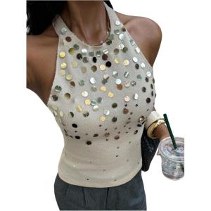 image:imageMakeMeChic Womens Y2K Sequin Halter Knit Tank Top Summer Going Out Sexy Backless Sleeveless TopsApricot