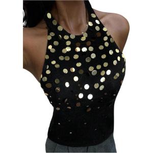 image:imageMakeMeChic Womens Y2K Sequin Halter Knit Tank Top Summer Going Out Sexy Backless Sleeveless TopsBlack
