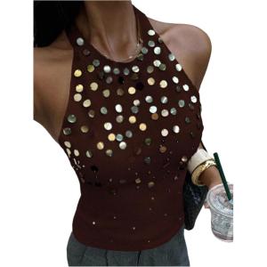 image:imageMakeMeChic Womens Y2K Sequin Halter Knit Tank Top Summer Going Out Sexy Backless Sleeveless TopsCoffee Brown