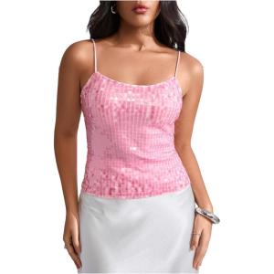 image:imageMakeMeChic Womens Y2K Sequin Top Cute Sparkly Glitter Top Party Club Spaghetti Strap Cami TopPink
