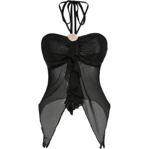image:imageMakeMeChic Womens Y2k Halter Tops Backless Mesh Seashell Ruched Ruffle Summer Going Out TopBlack