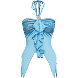 image:imageMakeMeChic Womens Y2k Halter Tops Backless Mesh Seashell Ruched Ruffle Summer Going Out TopBlue B