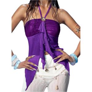 image:imageMakeMeChic Womens Y2k Halter Tops Backless Mesh Seashell Ruched Ruffle Summer Going Out TopPurple
