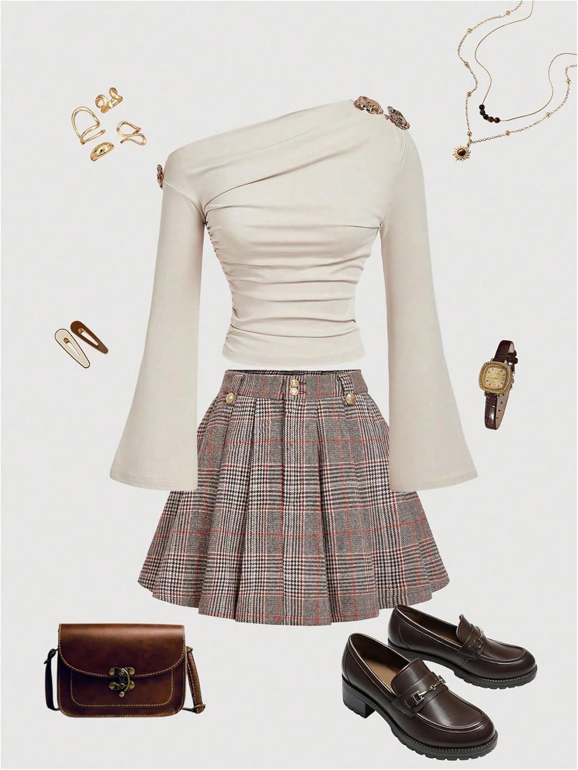 image:imageMakeMeChic Womens Corduroy High Waist Skirt Metal Button Pleated A Line Flare Skater Short SkirtsMulticolor